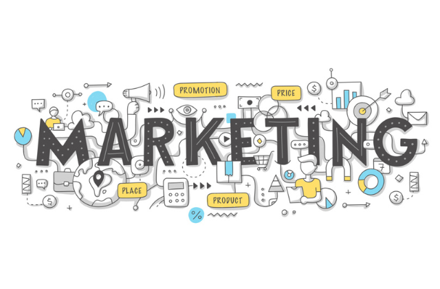 marketing system of things with charts, messages, clouds, messages
